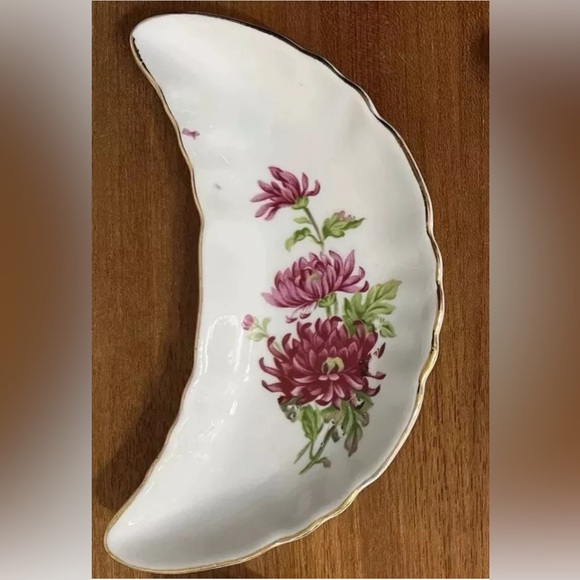 Vintage Bone Dish Crescent Moon Set 2 Chadwick Japan MCM Floral Gold Witchy Read - Picture 4 of 12